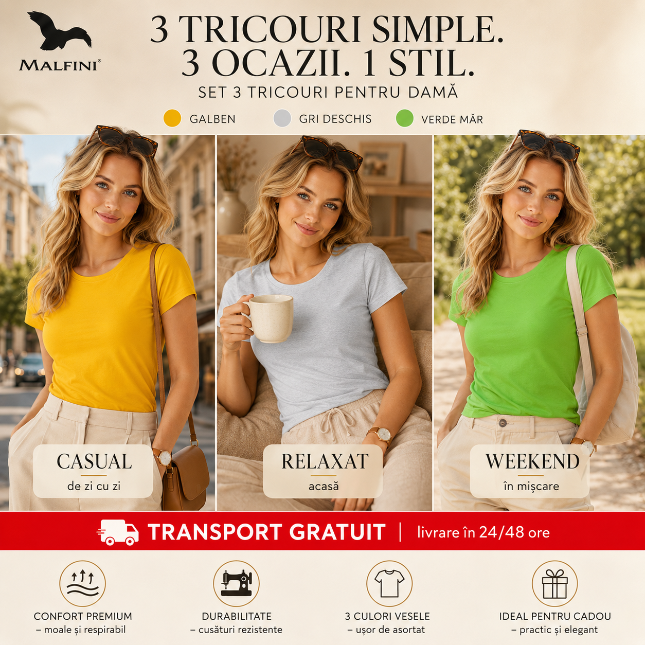 Tricouri damă simple din bumbac 100% galben gri deschis verde măr